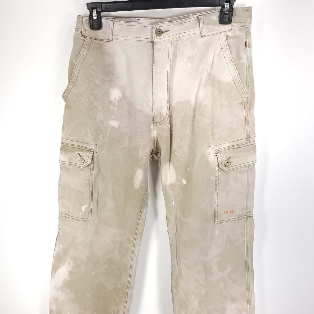 APCO Cargo Utility Pants Mens 34x30 Khaki Tan Cotton Distressed Destroyed Grunge